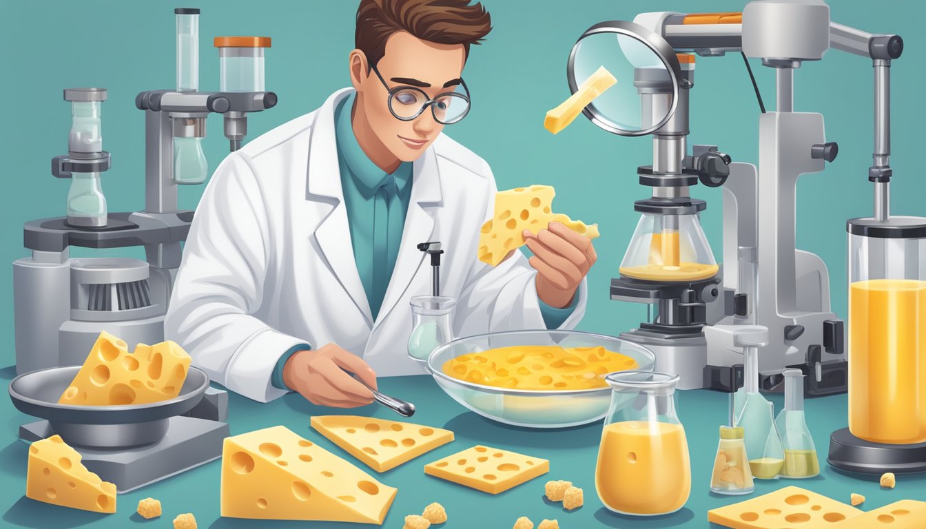 A person wearing a lab coat examines a bowl of cheese sauce mix with a magnifying glass, surrounded by various chemical testing equipment