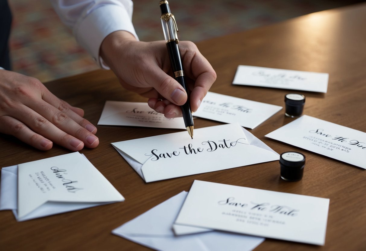 A hand dips a calligraphy pen into ink, addressing envelopes with save the date cards scattered on a table