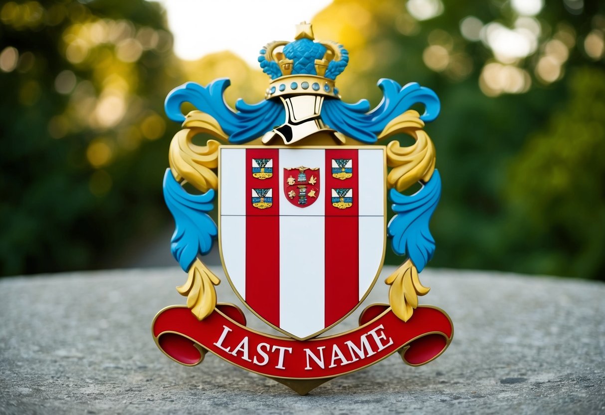 A family crest with a shield and a banner displaying a last name