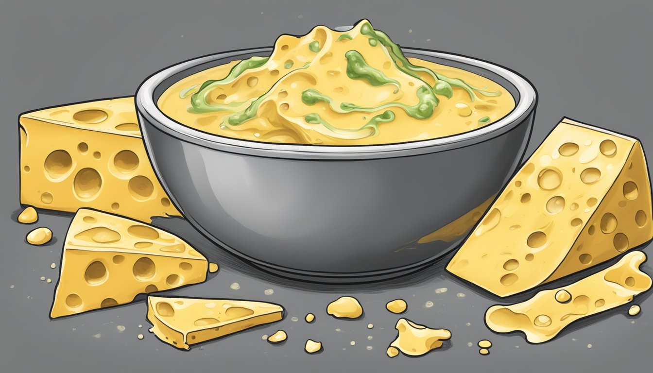 A bowl of cheese sauce mix with moldy cheese and a foul odor