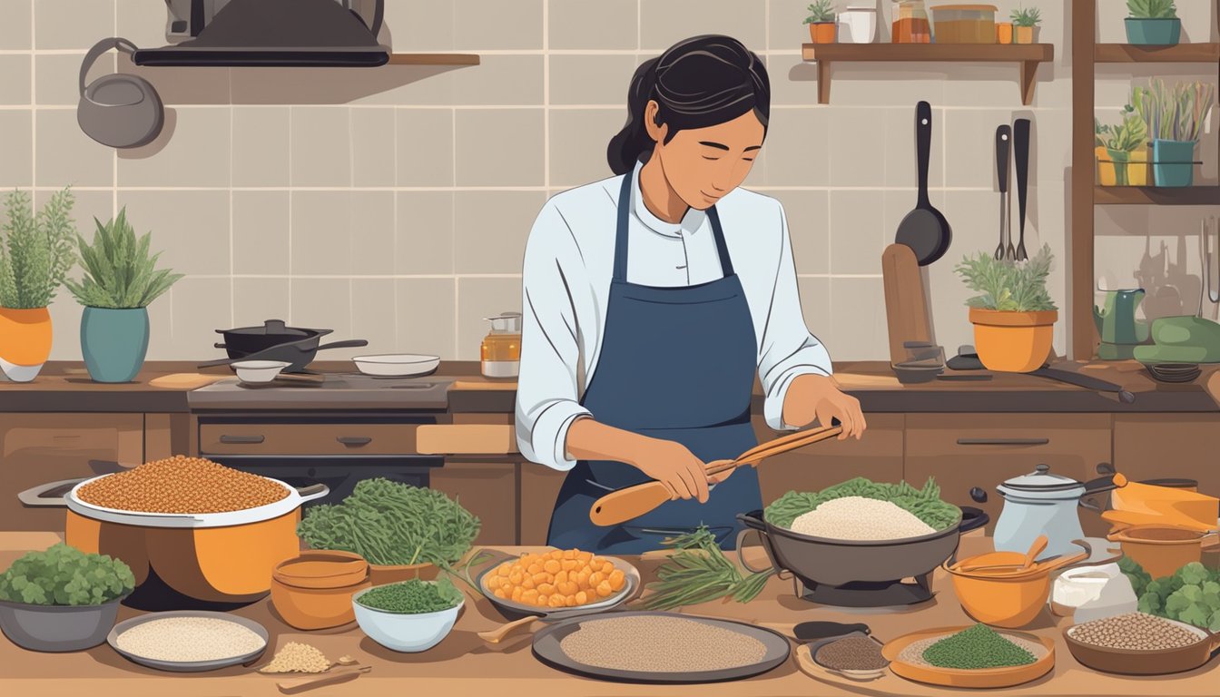 A person cooking and enjoying a meal made with buckwheat, surrounded by various food items and cooking utensils