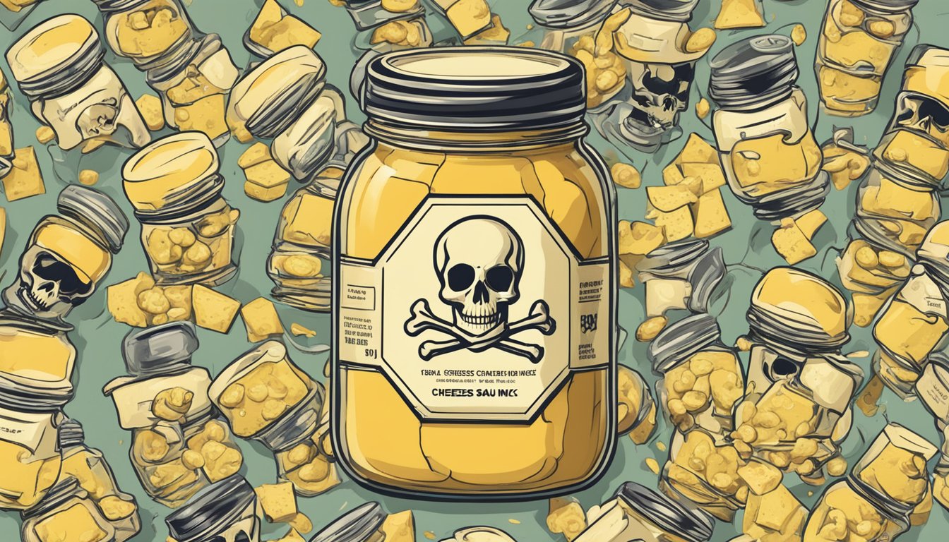 A jar of expired cheese sauce mix surrounded by warning labels and a skull and crossbones symbol