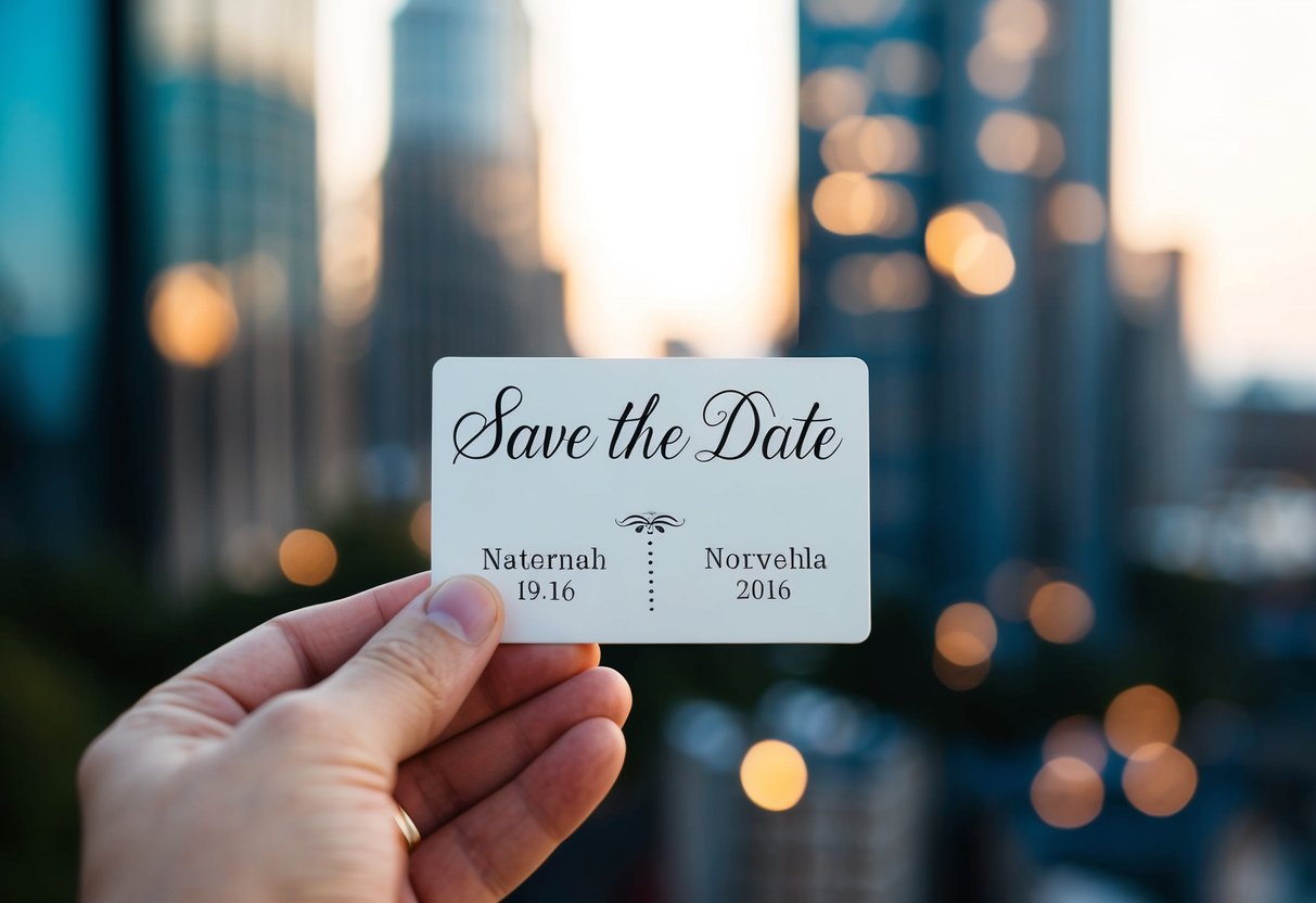 A hand holding a save the date card with two names and a date