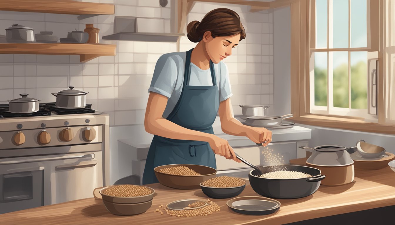 A person cooking and eating buckwheat, with a pot on the stove and a bowl of cooked buckwheat on the table