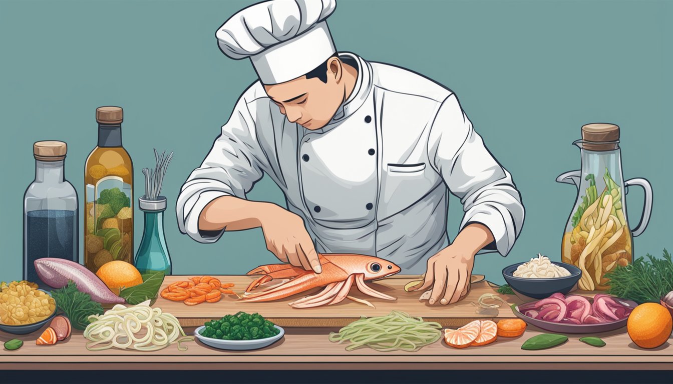 A chef carefully slicing fresh squid into thin, translucent strips on a clean cutting board, surrounded by vibrant seafood ingredients