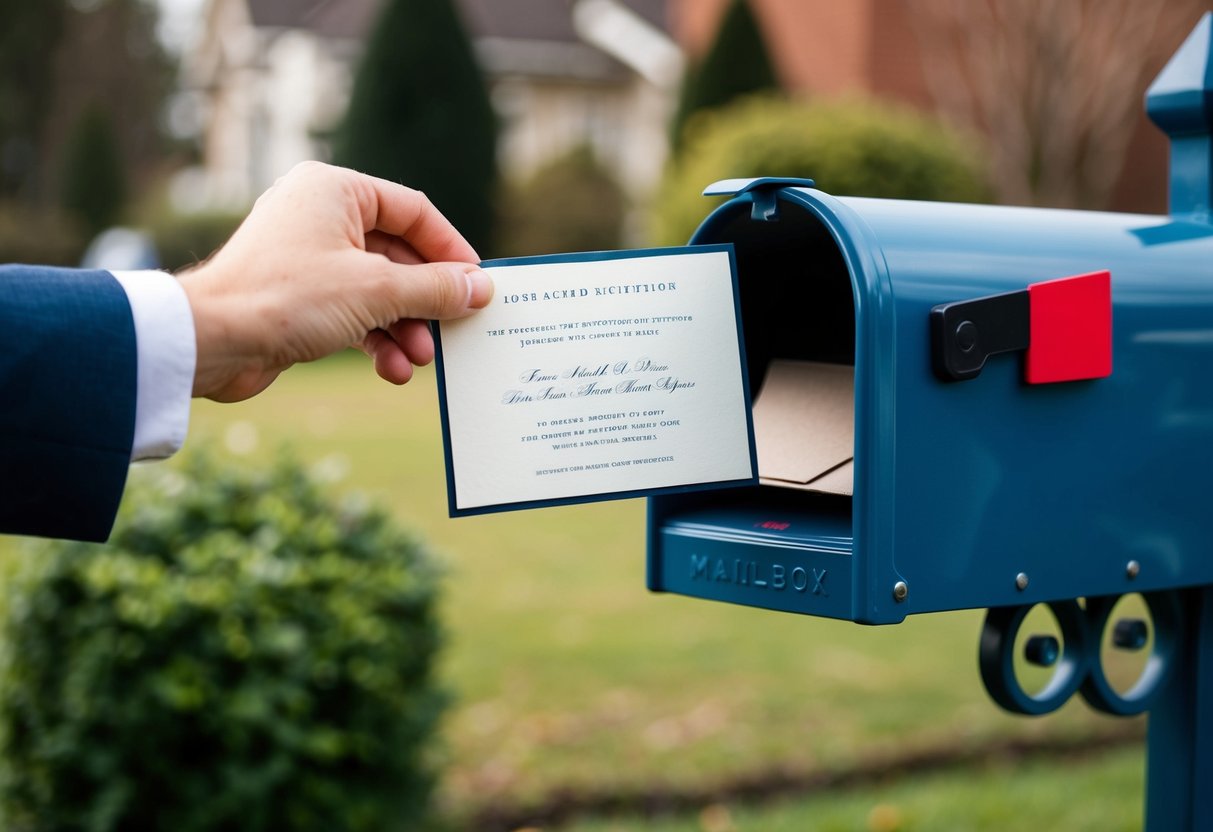 A hand placing a formal invitation card into a mailbox