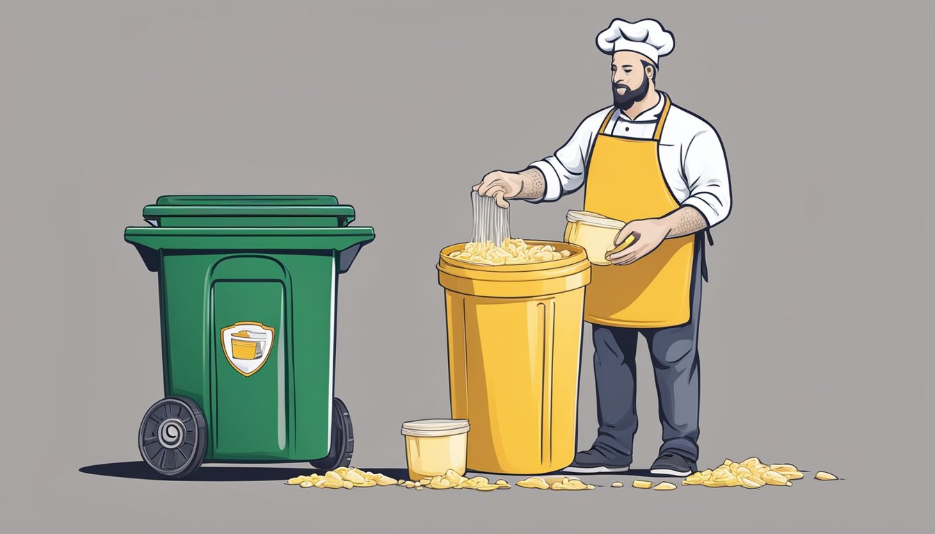 A chef pours expired cheese sauce mix into a trash can while holding a new package