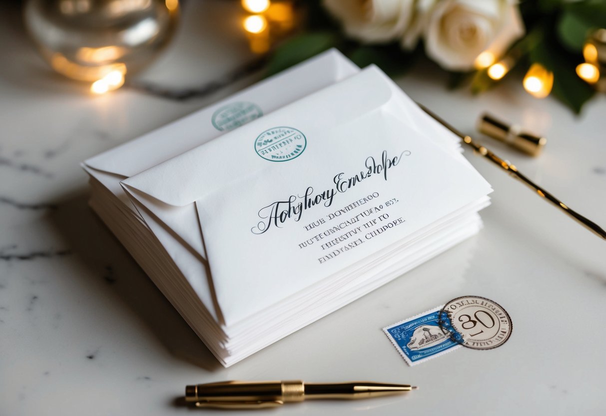 A stack of addressed envelopes with elegant calligraphy and stamps