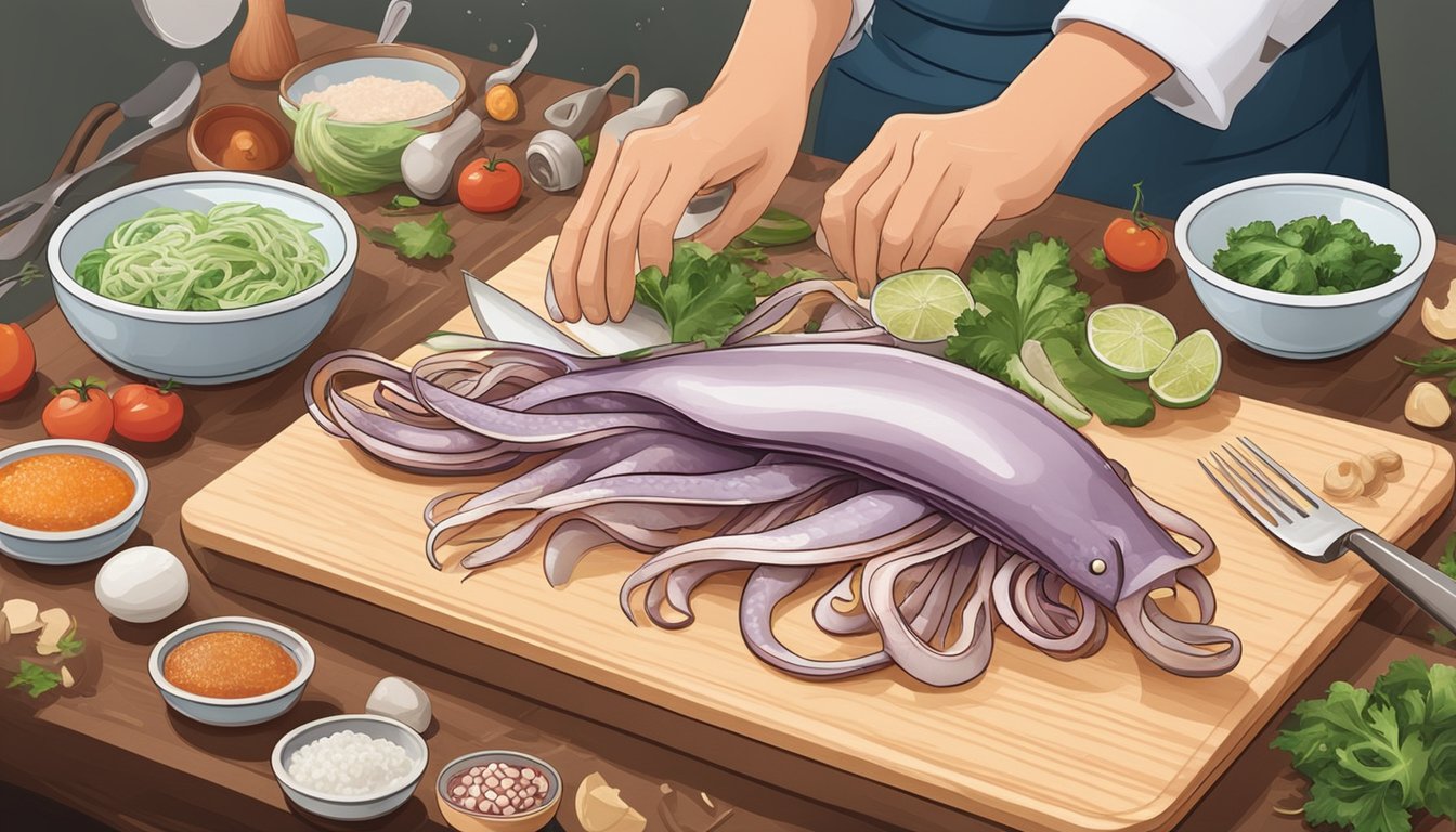 A chef slicing fresh squid into thin strips on a clean cutting board, surrounded by various cooking utensils and ingredients