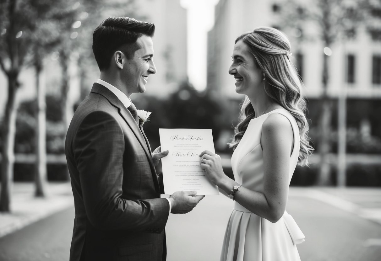 A couple stands facing each other, holding a wedding invitation. They are smiling and appear to be discussing the wording
