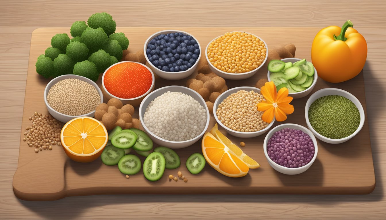 A colorful array of buckwheat groats, fresh fruits, and vegetables arranged on a wooden cutting board