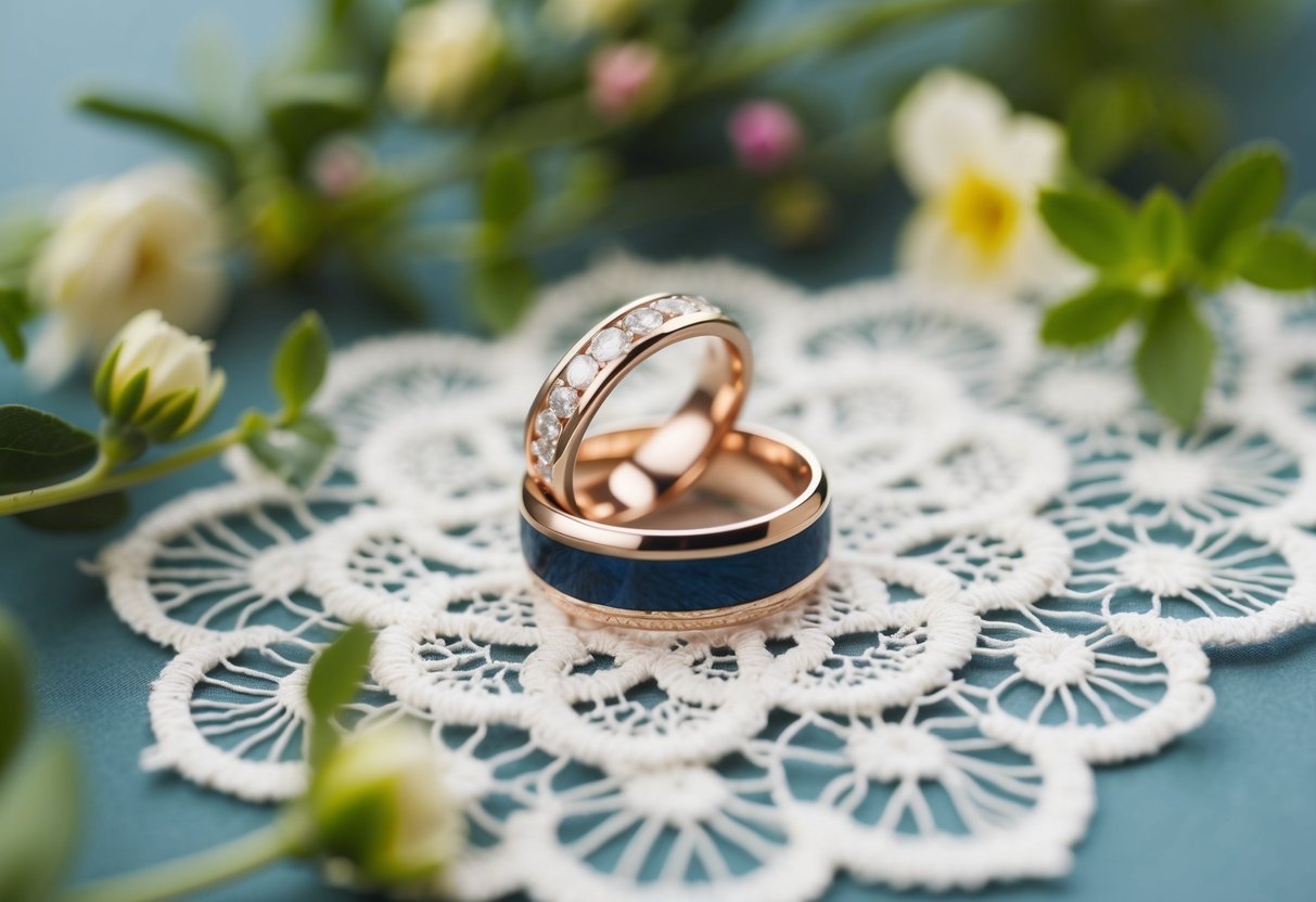 A pair of elegant wedding rings resting on a delicate lace background, surrounded by fresh flowers and greenery