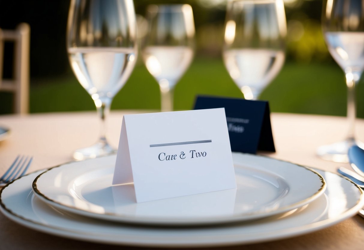 A table set for two, with two place cards. One card is positioned slightly ahead of the other, indicating a subtle hierarchy