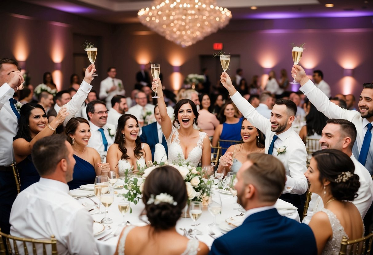 A wedding reception with 50 guests celebrating