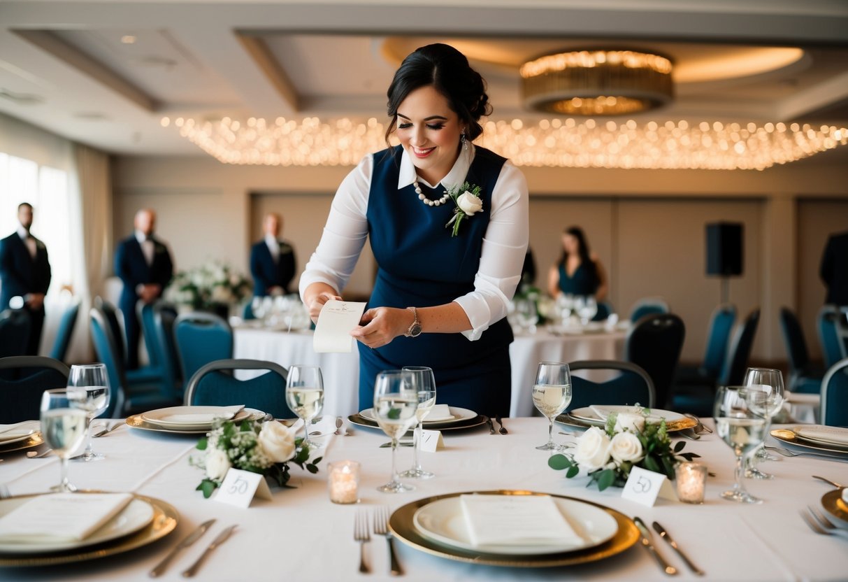 A wedding planner counting 50 place settings at a reception venue