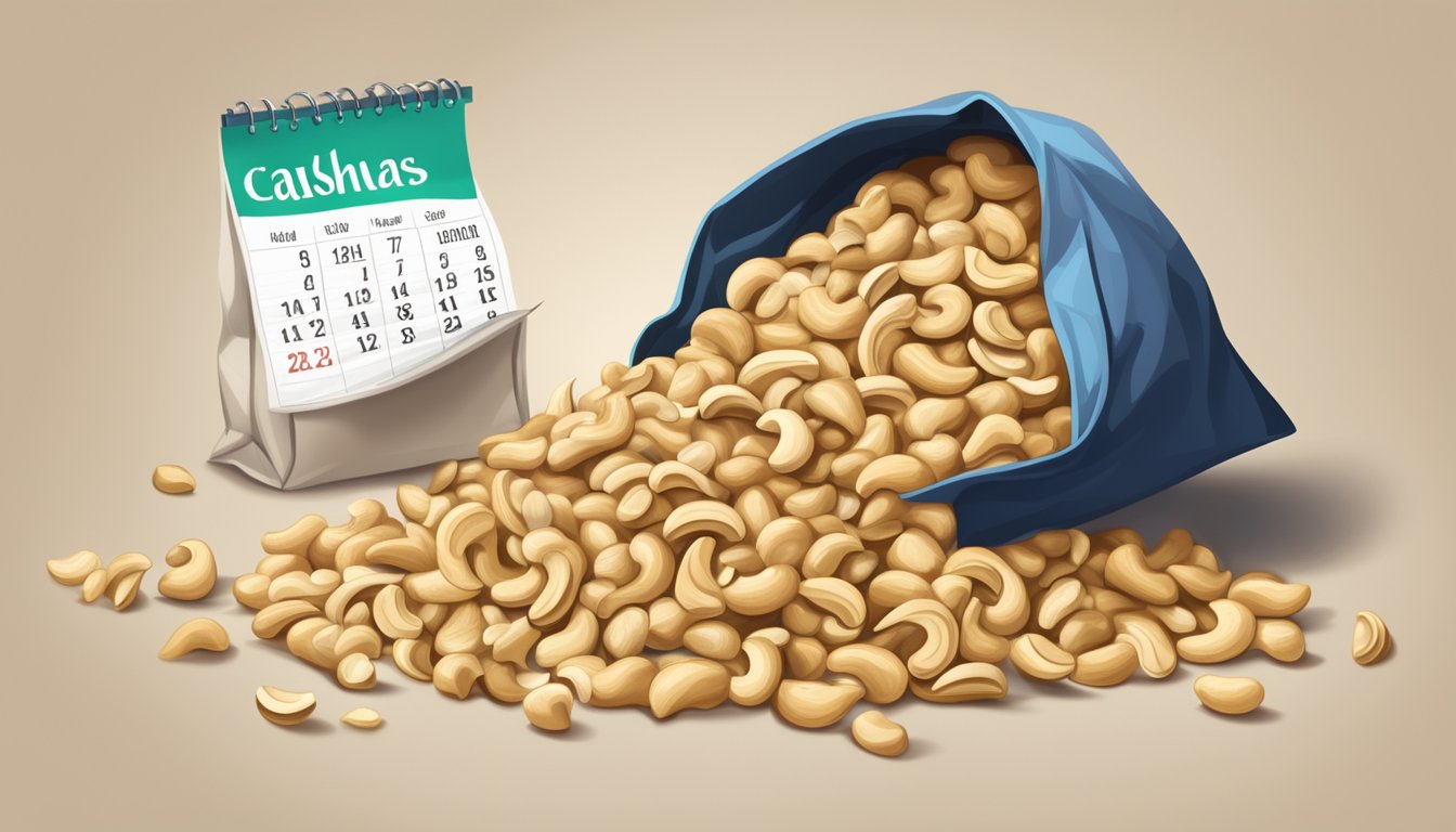 A pile of cashews spilling out of an open bag, with a calendar showing an expired date in the background