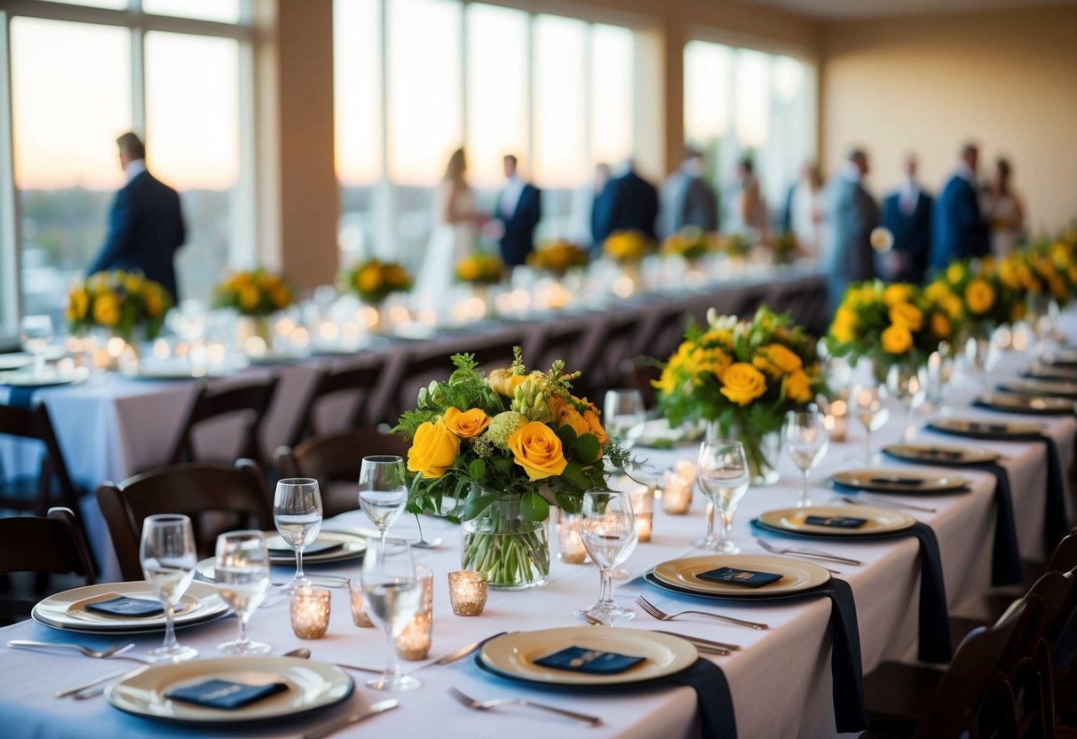 A table set for 50 guests, with place settings and decorations