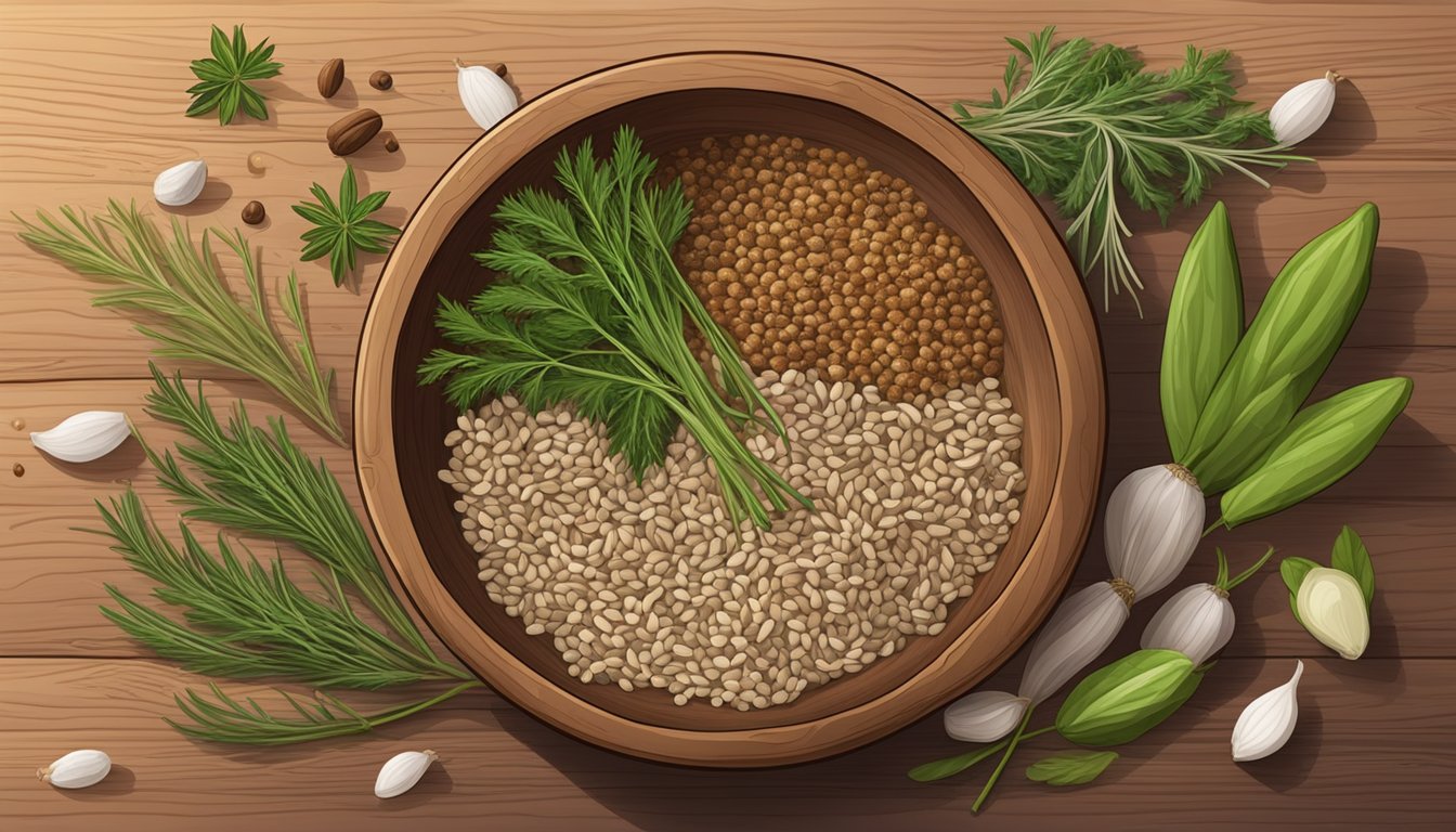 A bowl of caraway seeds surrounded by fresh herbs and spices on a wooden cutting board