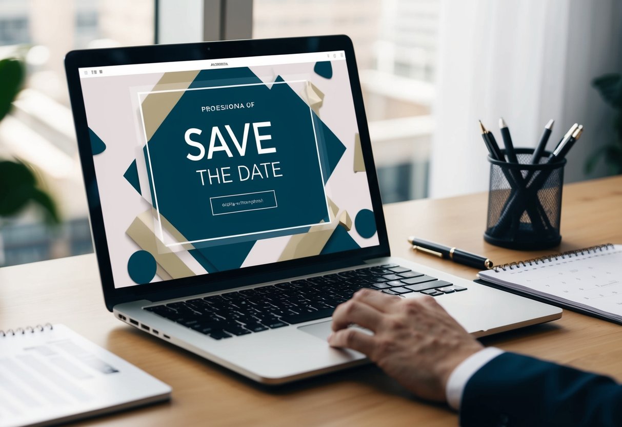 A laptop open on a desk, displaying an email save the date with a modern and elegant design. A calendar and a pen are nearby