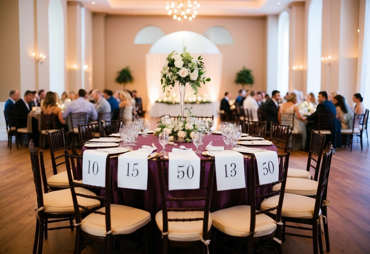 A seating chart with 50 guests arranged around a central table for the bride and groom