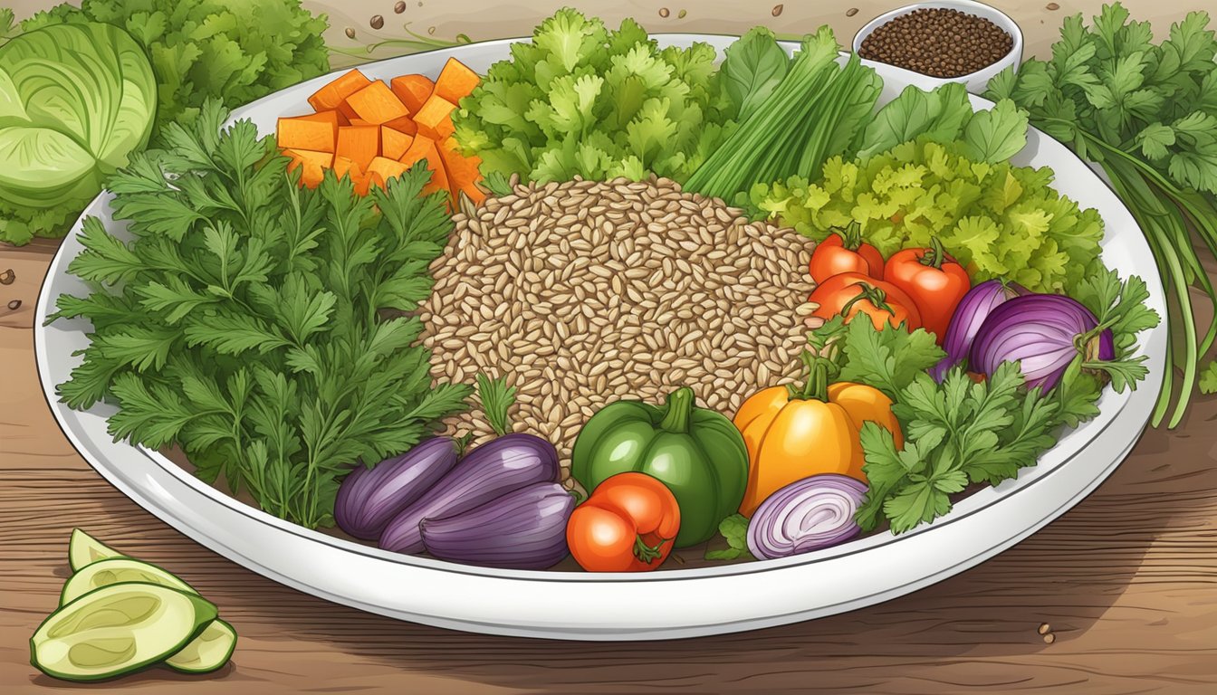 A bowl of caraway seeds surrounded by fresh green herbs and colorful vegetables, with a vibrant and healthy feel