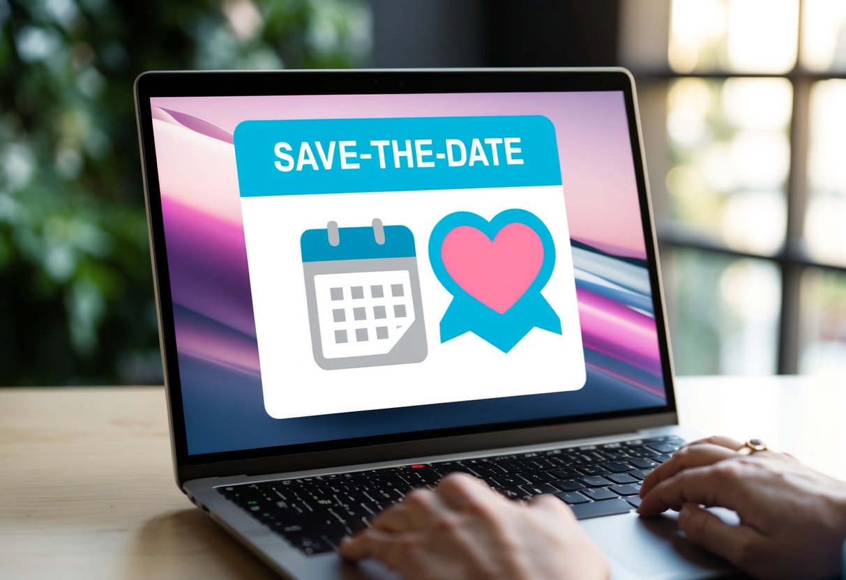 A laptop screen displaying a digital save-the-date email with a calendar icon and a heart emoji
