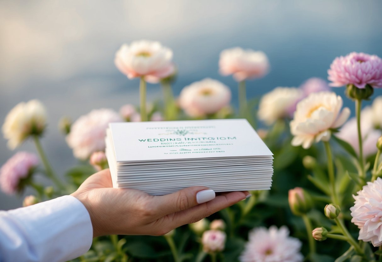 A hand holding a stack of elegant wedding invitations, surrounded by blooming flowers and a serene setting