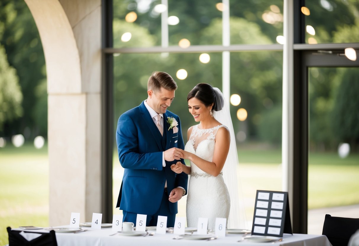 A bride and groom stand beside a table with a seating chart, counting out 50 place settings