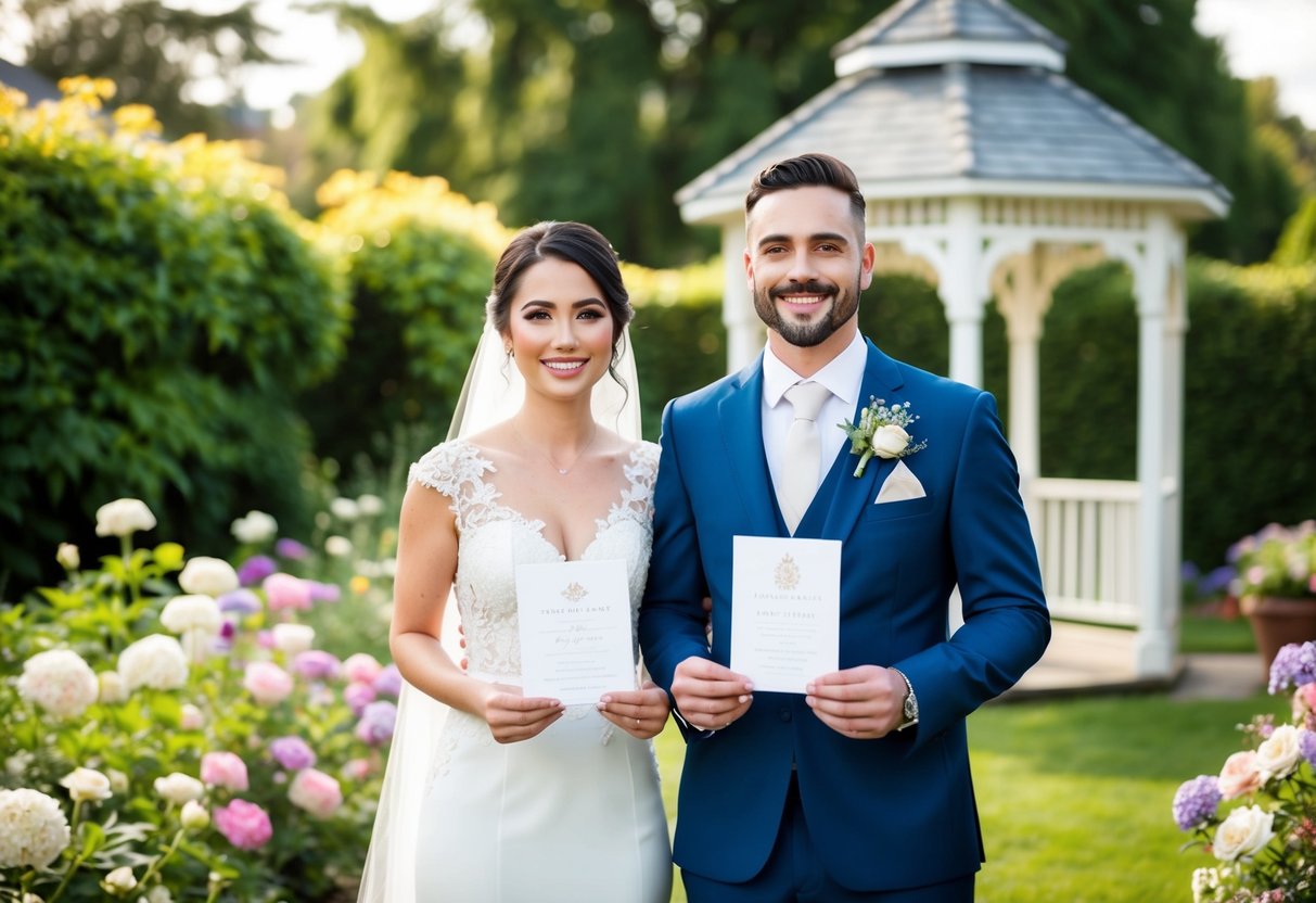 A bride and groom stand smiling in a garden, surrounded by blooming flowers and a quaint gazebo. The couple holds elegant wedding invitations in their hands