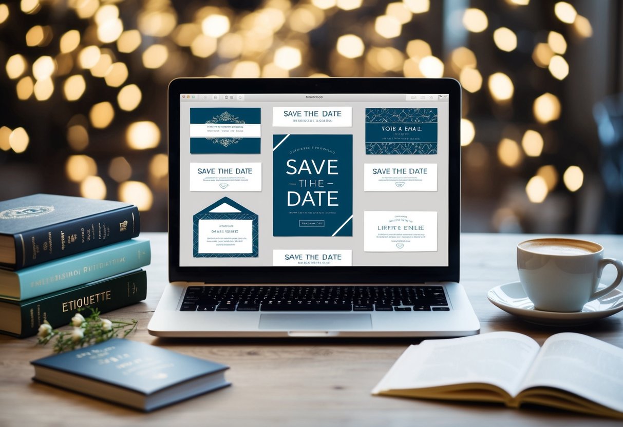 A laptop displaying various email save the date designs, surrounded by wedding etiquette books and a cup of coffee