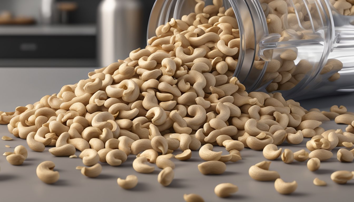 A pile of expired cashews scattered on a kitchen counter, with a visible expiration date on the packaging