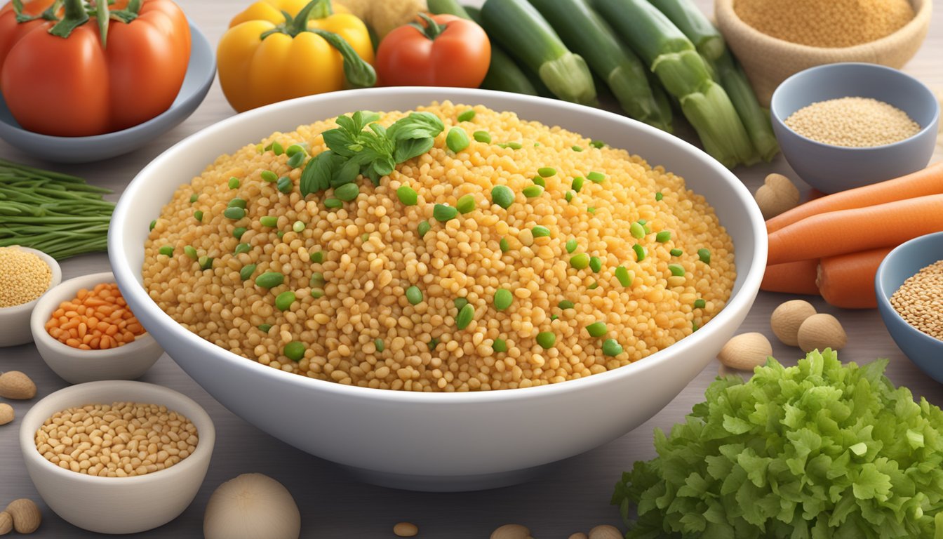 A bowl of cooked bulgur surrounded by various whole grains and vegetables, with a nutrition label visible in the background