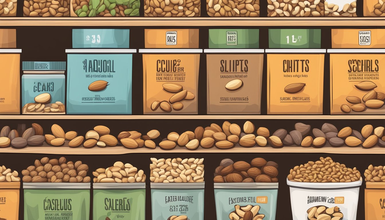 A shelf with labeled containers of nuts, one container open with expired cashews spilling out