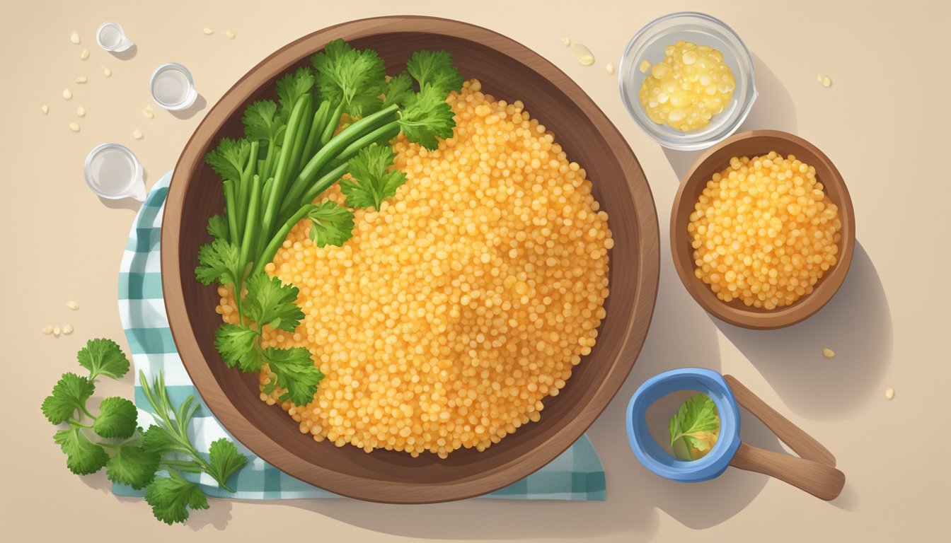 A bowl of cooked bulgur surrounded by fresh vegetables and a measuring cup of water