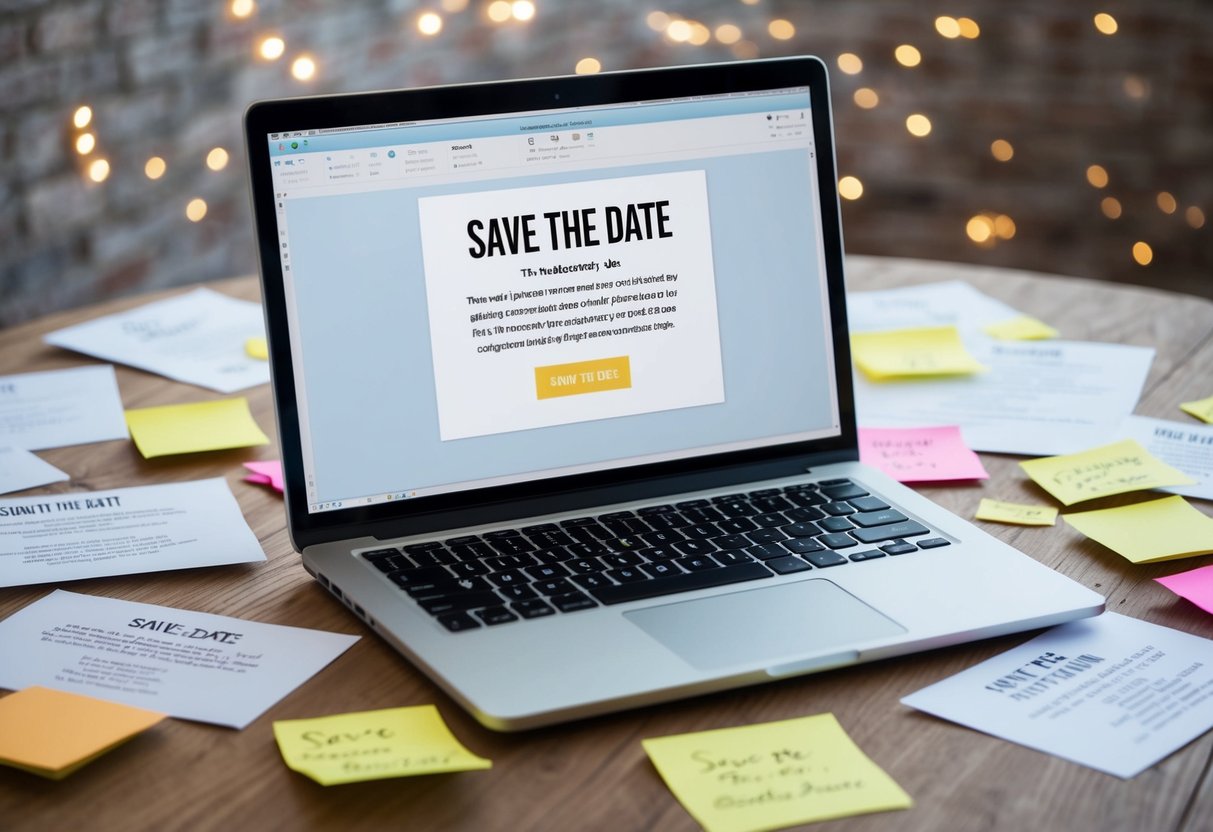 A laptop with an open email draft displaying a "Save the Date" message, surrounded by scattered paper and sticky notes with event details