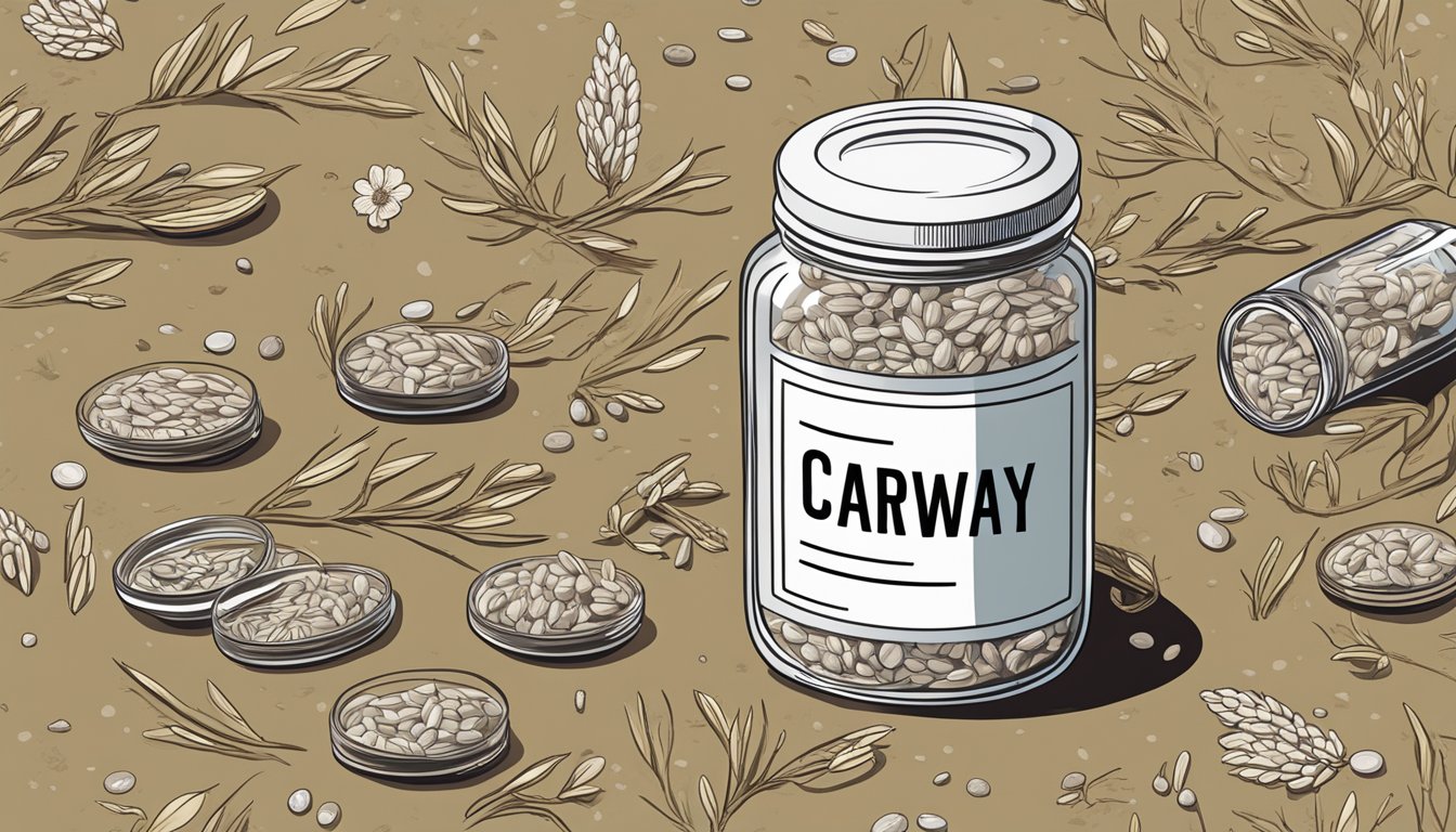 A jar of caraway seeds surrounded by various medications and a warning label