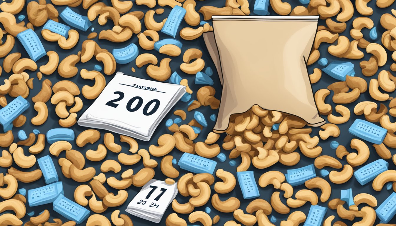 A pile of expired cashews spilling out of an open bag, surrounded by a calendar showing the past date