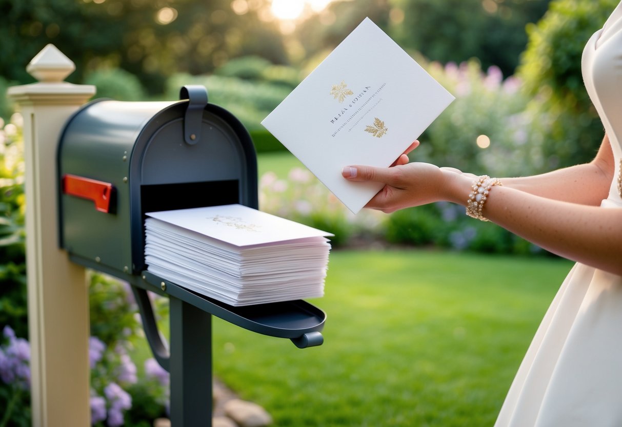 A stack of elegant wedding invitations being placed in a mailbox, with a picturesque background of a serene garden setting