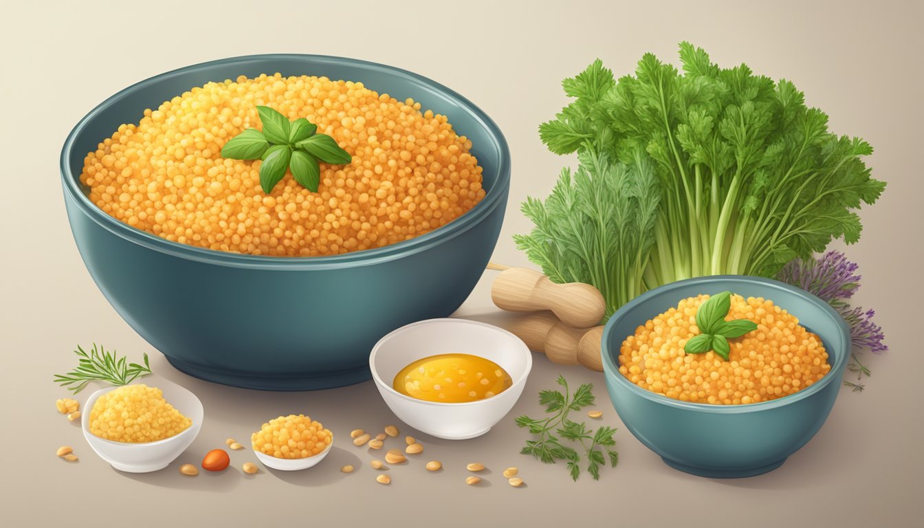 A bowl of cooked bulgur surrounded by fresh vegetables and herbs, with a nutrition label nearby