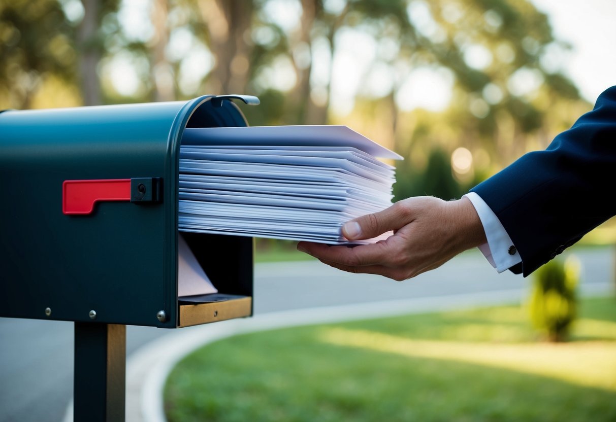 A stack of elegant wedding invitations being placed in a mailbox