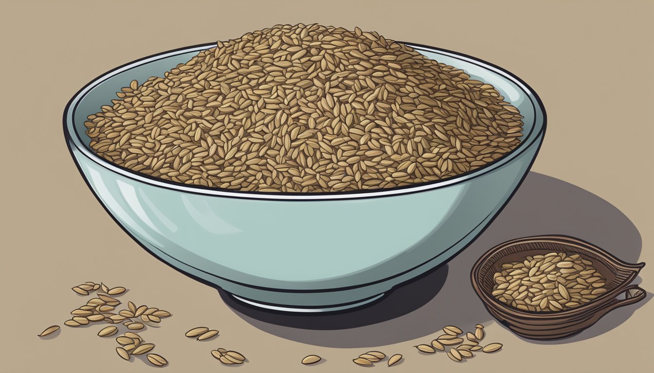 A bowl of caraway seeds with a label indicating safety and recommended consumption