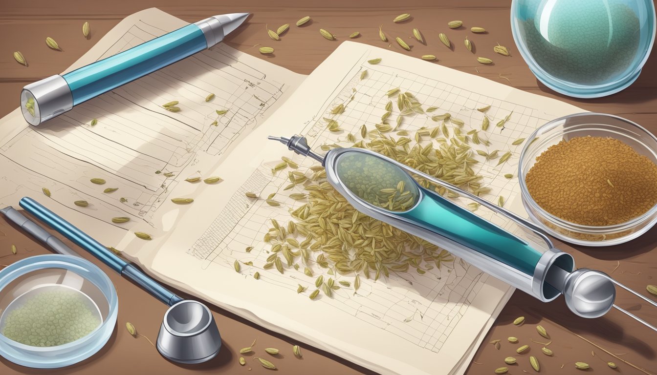 A close-up of caraway seeds being examined under a microscope, with scientific equipment and research notes in the background