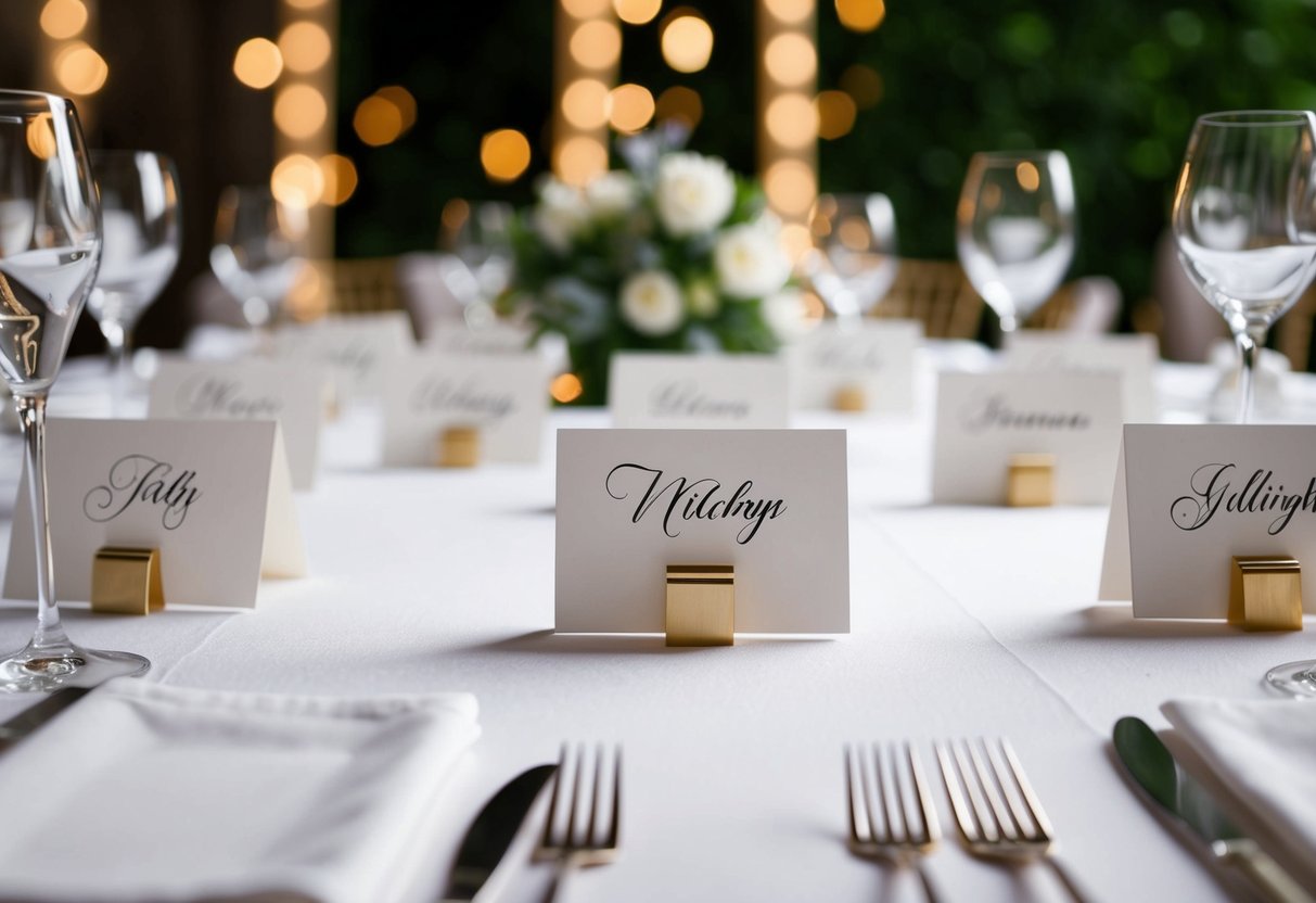 A table with elegant place cards arranged in alphabetical order, each bearing a single name in beautiful calligraphy