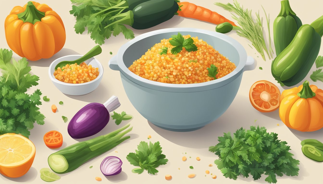 A bowl of cooked bulgur surrounded by various fresh vegetables and herbs, with a spoon and a measuring cup nearby