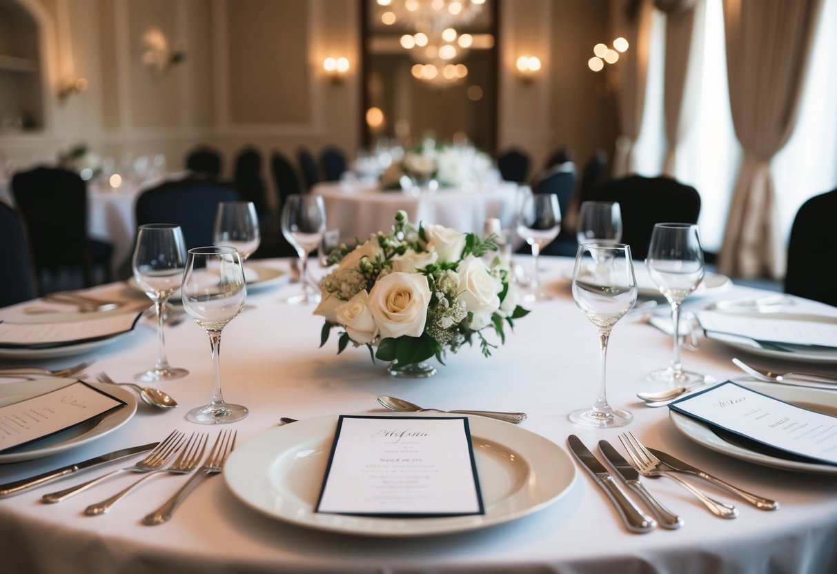 A beautifully set table with elegant place cards arranged in front of each seat, showcasing the importance of wedding etiquette and attention to detail