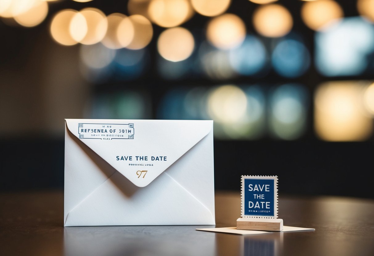 An envelope with a save the date card and a stamp next to it on a table