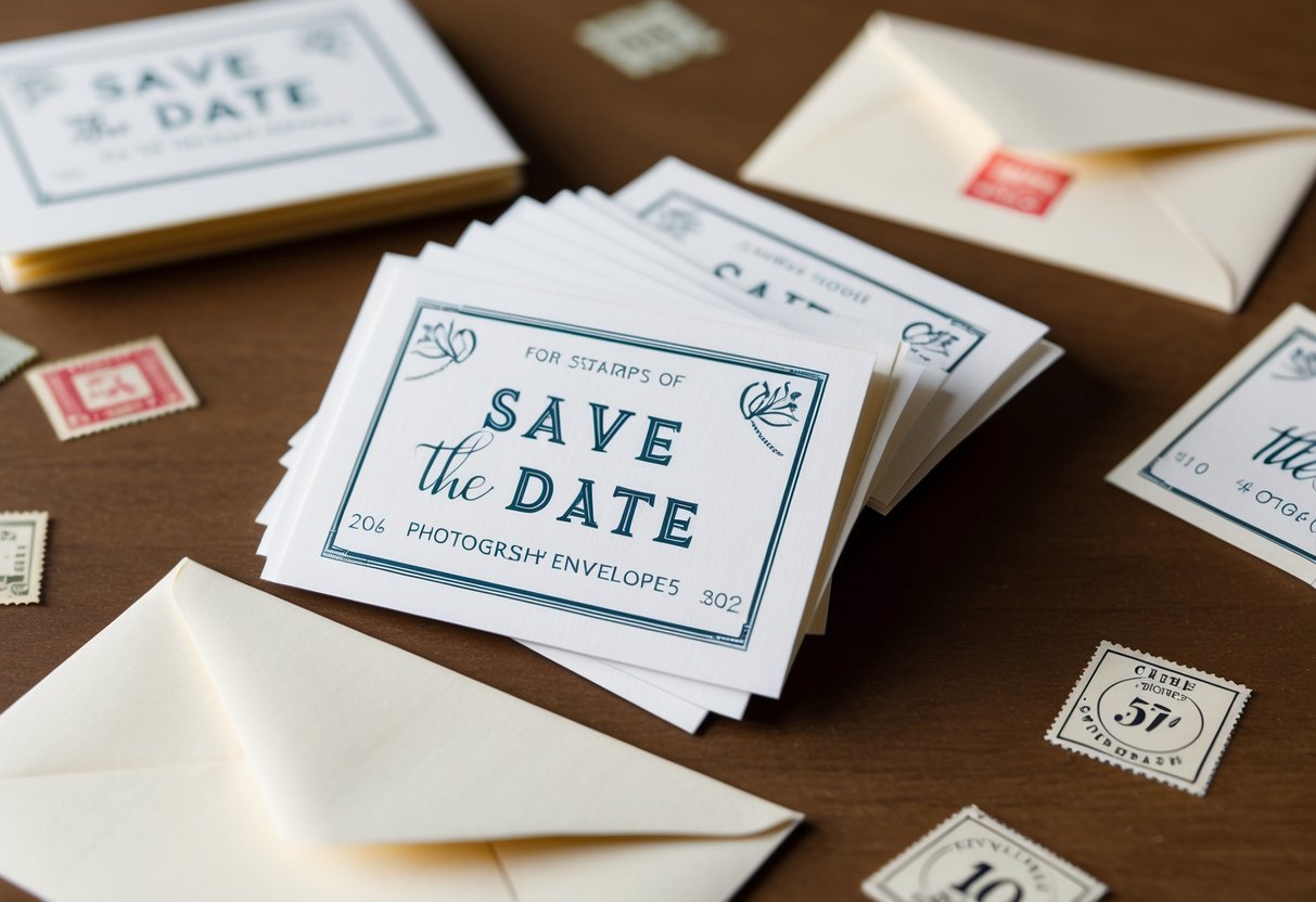 A pile of save the date cards with stamps and envelopes
