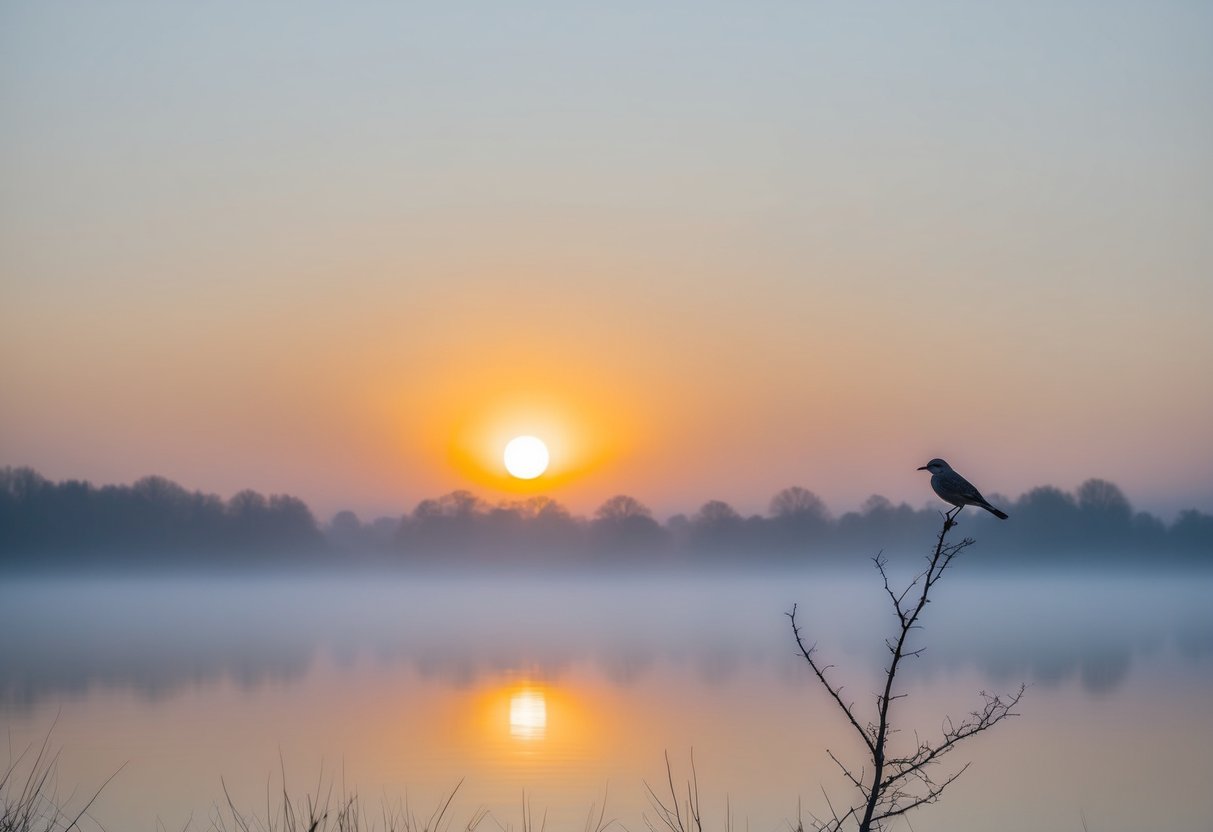 A sun rising over a calm, misty landscape with a small bird perched on a branch, signaling the start of a new day