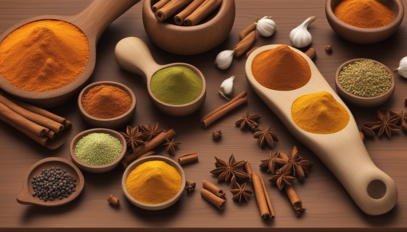 A variety of raw spices displayed on a wooden cutting board, including whole cinnamon sticks, cloves, and cardamom pods, with a mortar and pestle in the background