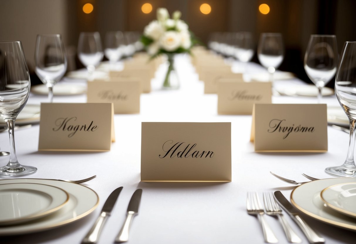 A table set with elegant place cards, each bearing a single surname, arranged in alphabetical order